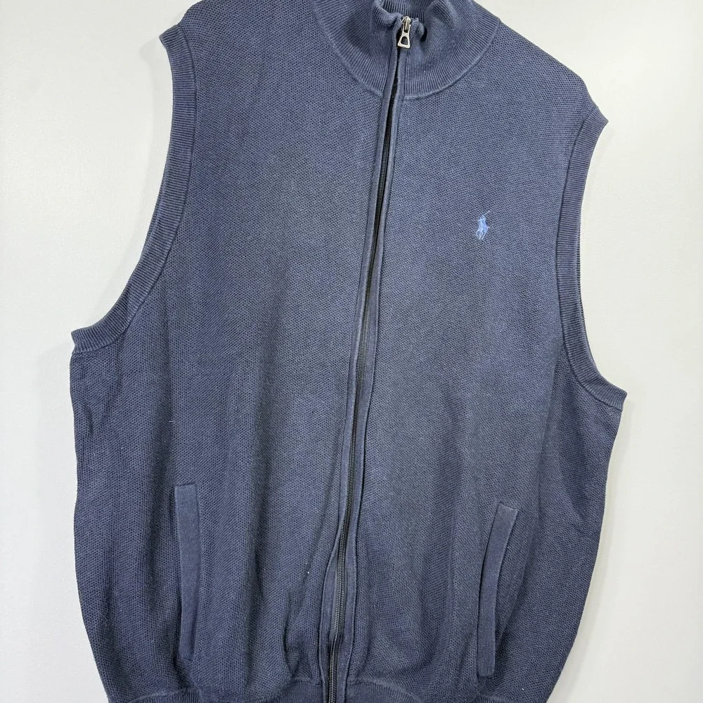 Polo Ralph Lauren Sweater Vest Mens 2XL Blue Full Zip Mock Neck Pima Cotton Logo